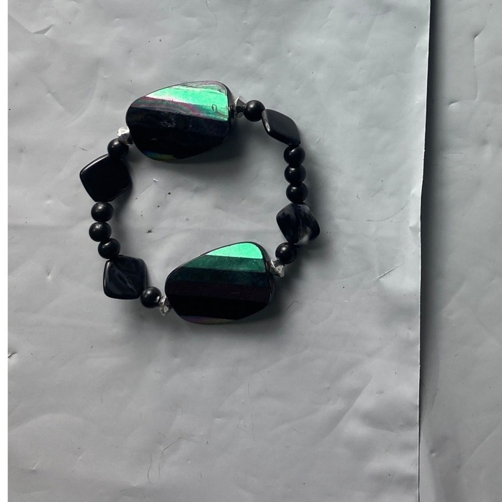 Black Beaded Stretch Bracelet with Green Accent Stones - Picture 1 of 3